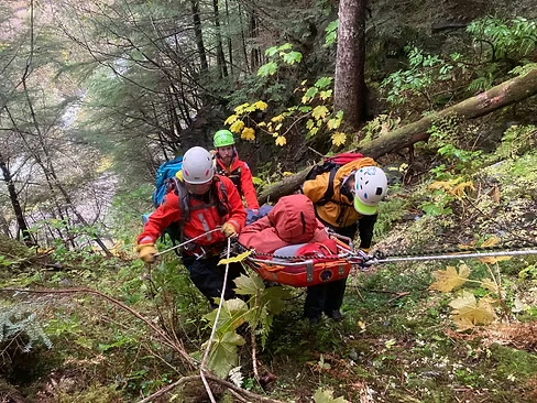 A rescue team carrying a litter up a steep forest trail