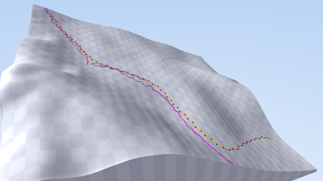 Marmolada terrain model with the race line, gates and six GoPro descents